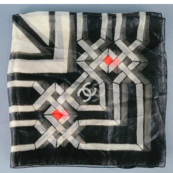 CHANEL Metallic Black & Cream Print Sheer Silk Scarf in Chanel Gift Box - Picture 7 of 16